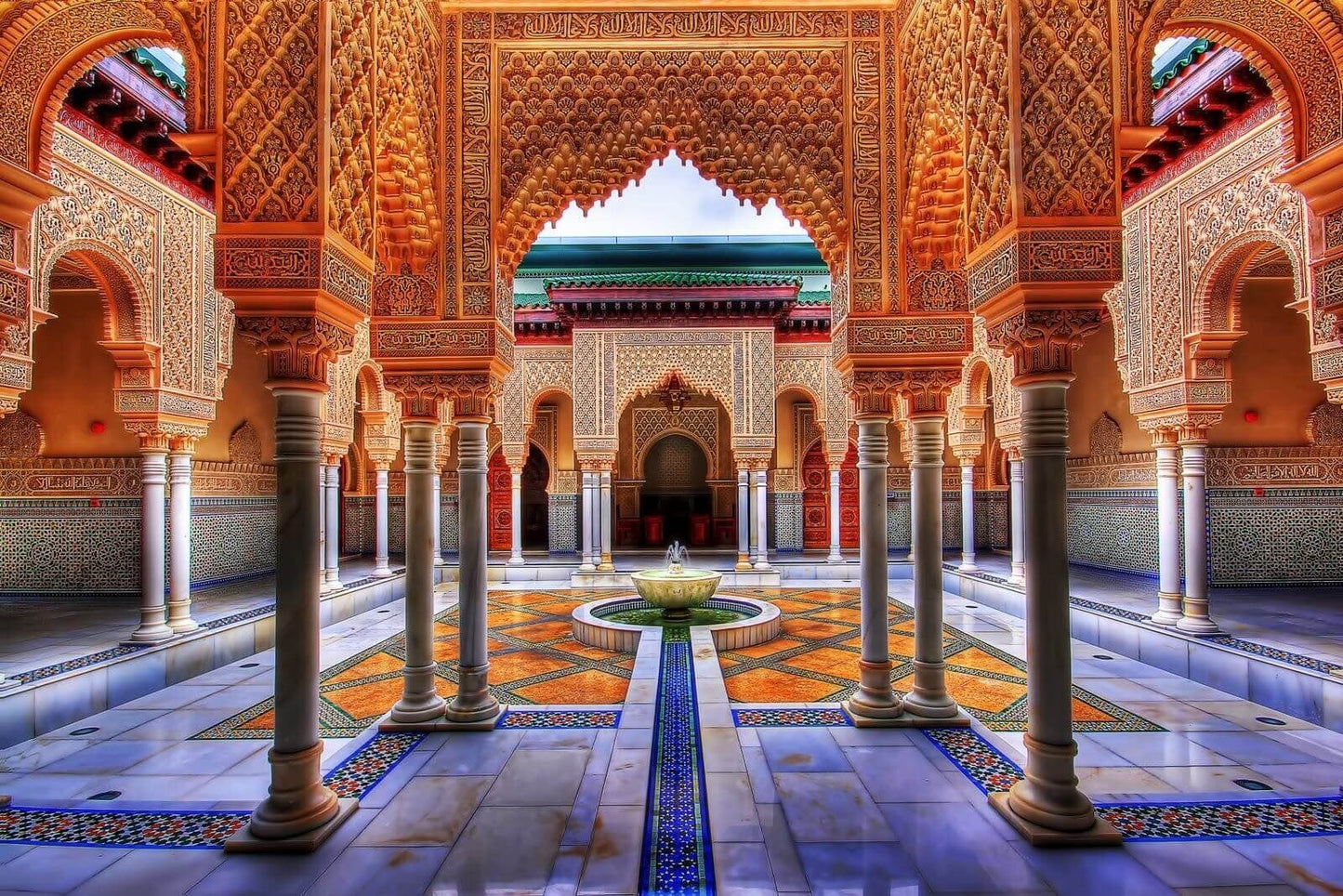 Vibrant view of the bustling Marrakech Medina in Morocco, with colorful markets, historic architecture, and lively street scenes